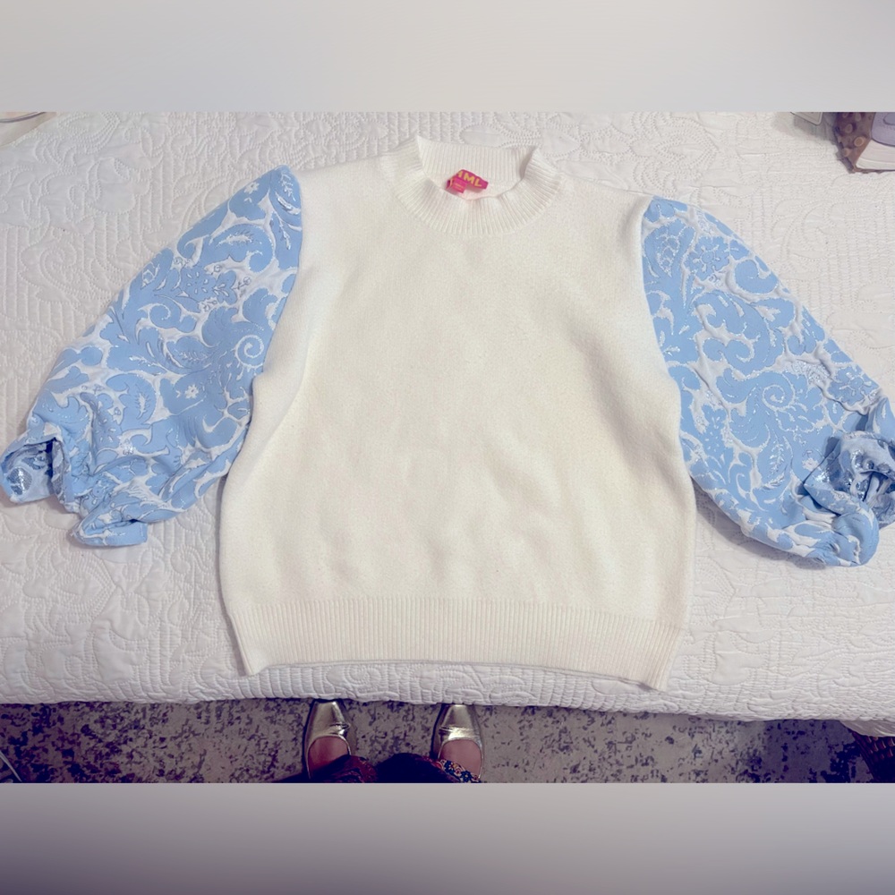 THML White and Blue Sweater with Puffy Jacquard Sleeves
